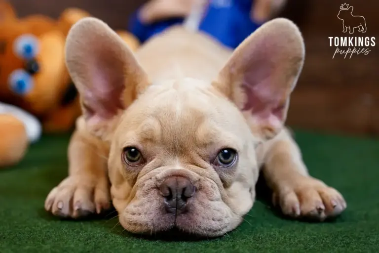Yang, an isabella French Bulldog puppy, lying on green turf indoors.