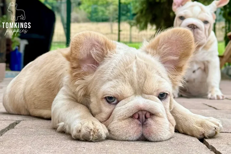 Eden, an isabella fawn fluffy French Bulldog girl, lying on a brick patio with Titan sitting in the background.