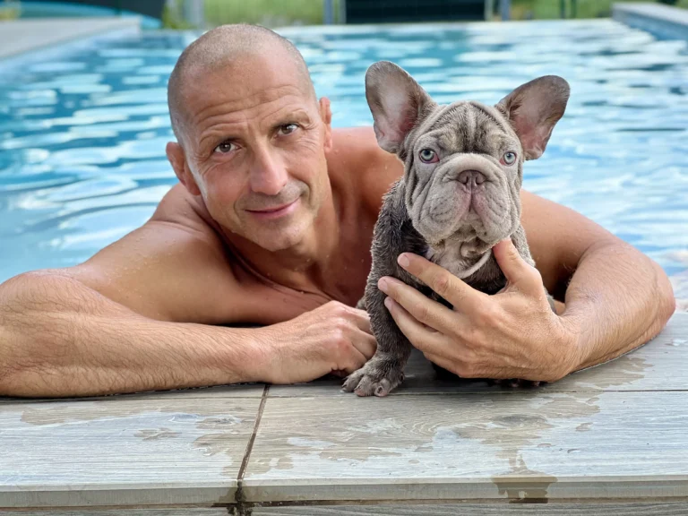 Big rope French Bulldog puppy with a man by the pool.