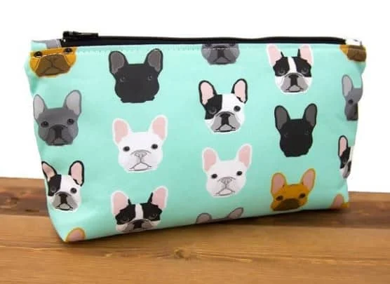 Mint green cosmetic bag printed with French Bulldog faces