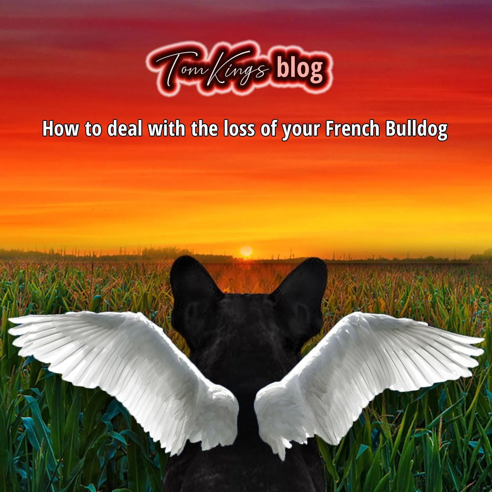 TomKings blog banner about coping with the loss of a French Bulldog, showing a dog silhouette with angel wings at sunset