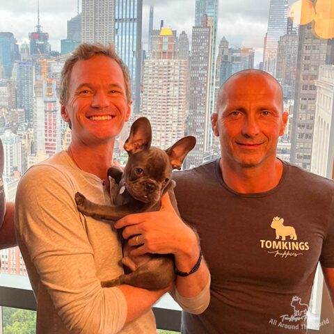 Neil Patrick Harris and a TomKings team member holding a blue French Bulldog puppy in New York City