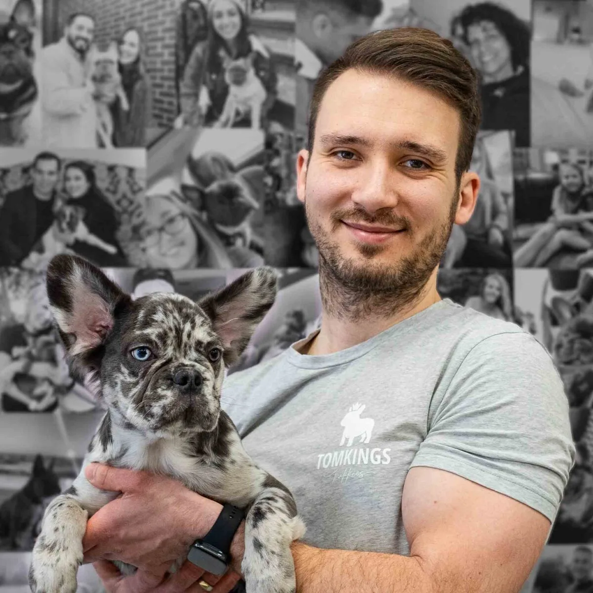 Robi, TomKings team member, holding a merle French Bulldog puppy