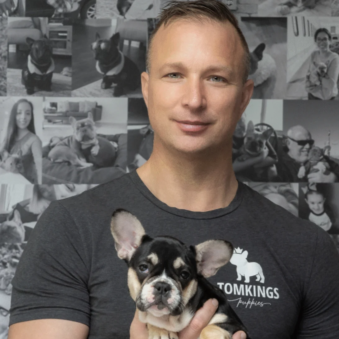 Tony, TomKings adoption specialist, holding a black and tan French Bulldog puppy